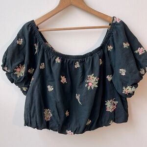 American Eagle Bubble Hem Off The Shoulder Embroidered Floral Boho Top XL
